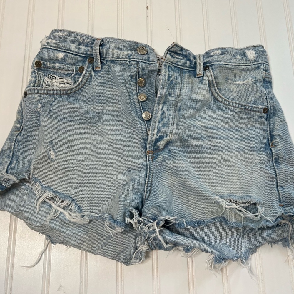 AGOLDE Womens Jaden High Rise Cut Off Shorts 26 Light Wash Destroyed A038 56